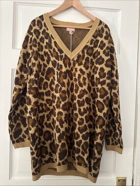 Show Me Your MuMu Leopard V-Neck Sweater Dress - Brown/Cream